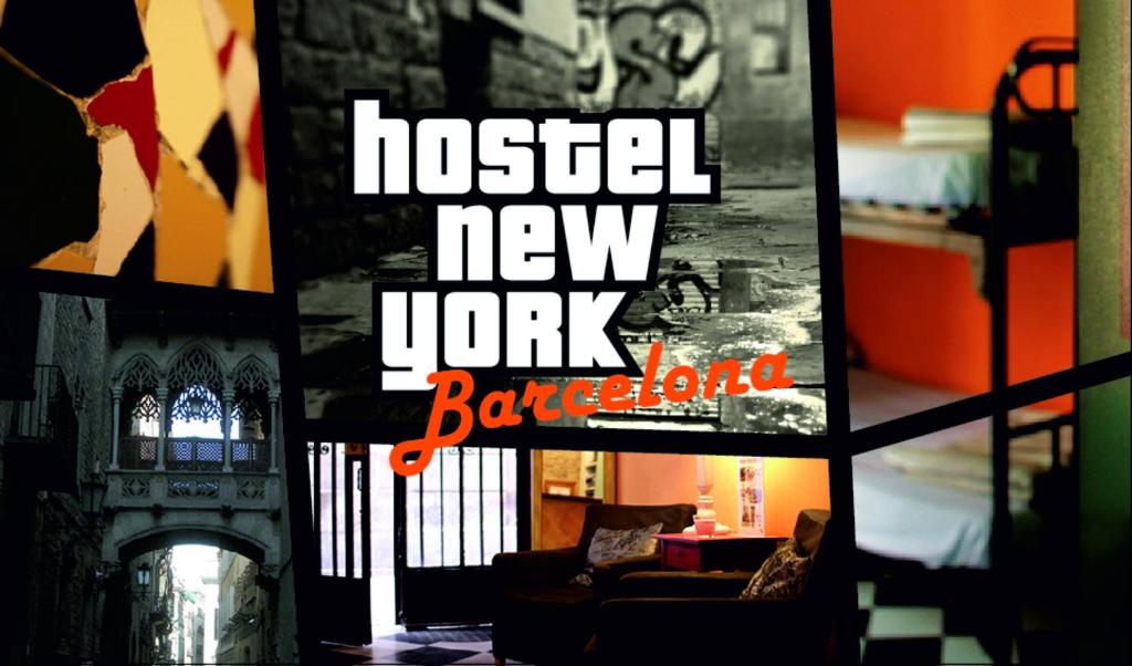 巴塞罗那纽约旅馆的客厅里的照片拼在一起,有新约克的画面