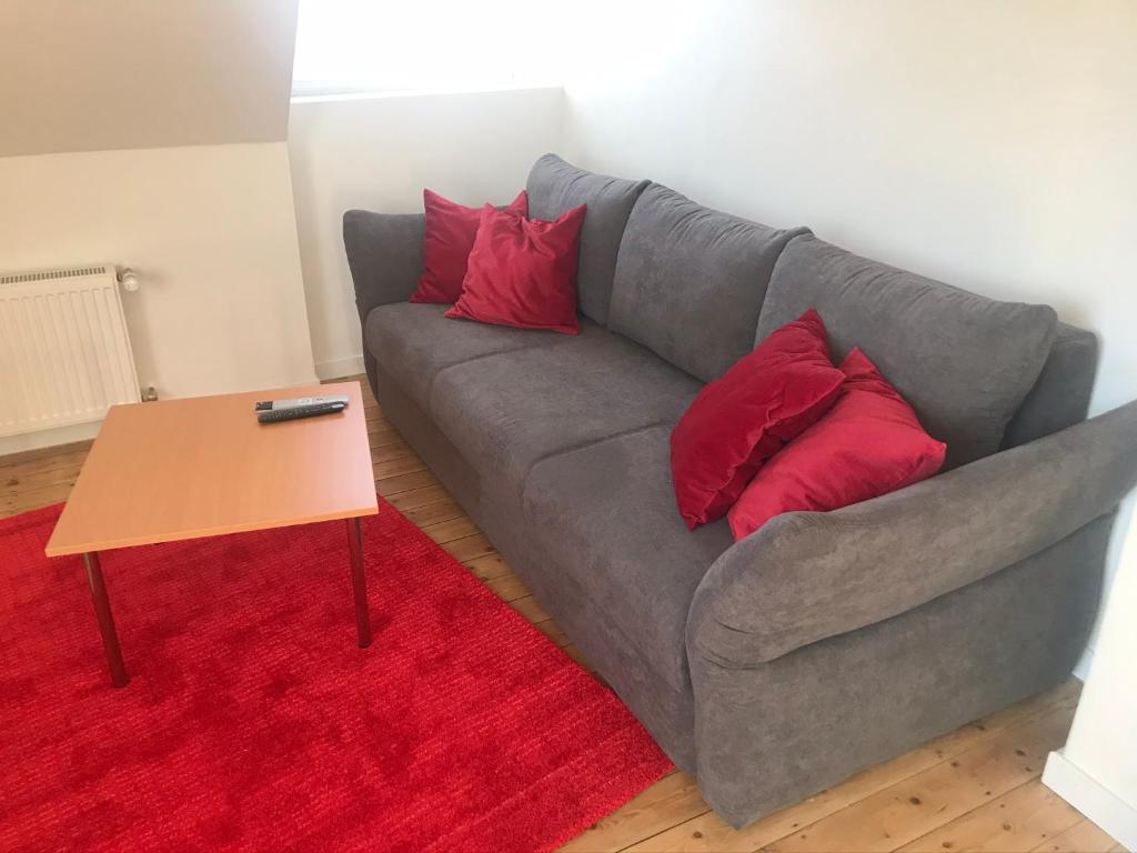 科斯费尔德Villa Am Honigbach的红色地毯上的灰色沙发,带红色枕头