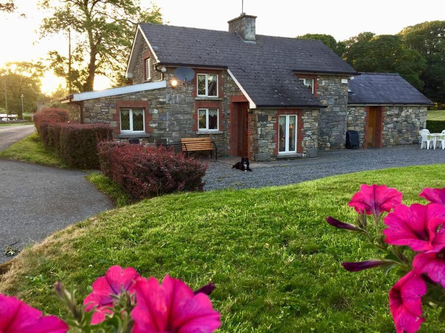 卡文Dan Rua's Cottage的一座石头房子,前面有粉红色的花朵