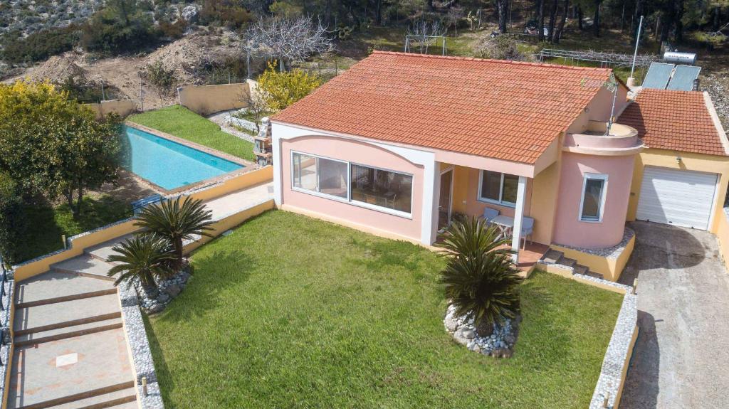 PsinthosIrene Villa的享有带游泳池的房屋的空中景致