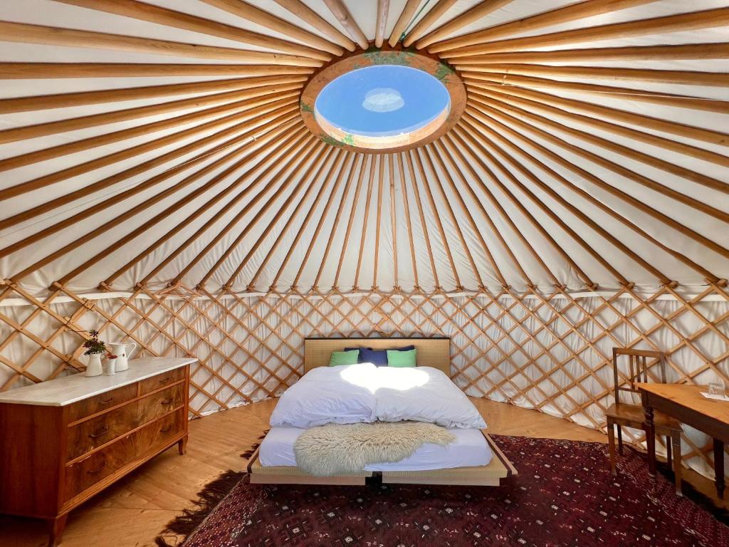 FeldisAlp Jurte Skihütte Feldis的蒙古包内带床的房间,带窗户