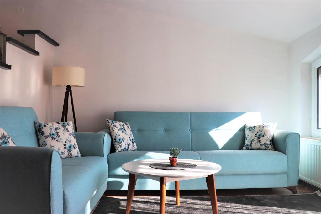 普里什蒂纳Malda's Apartment的客厅配有蓝色的沙发和桌子