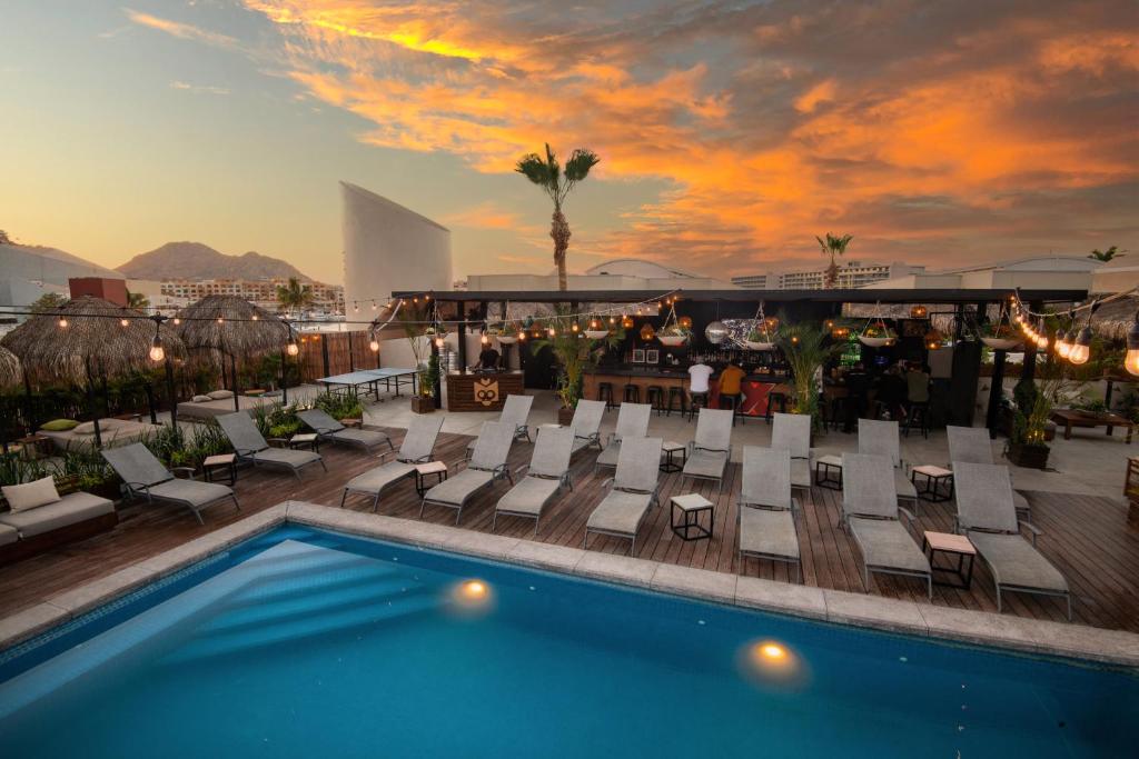 卡波圣卢卡斯Mayan Monkey Los Cabos的一座带椅子的屋顶游泳池和一个位于大楼内的酒吧
