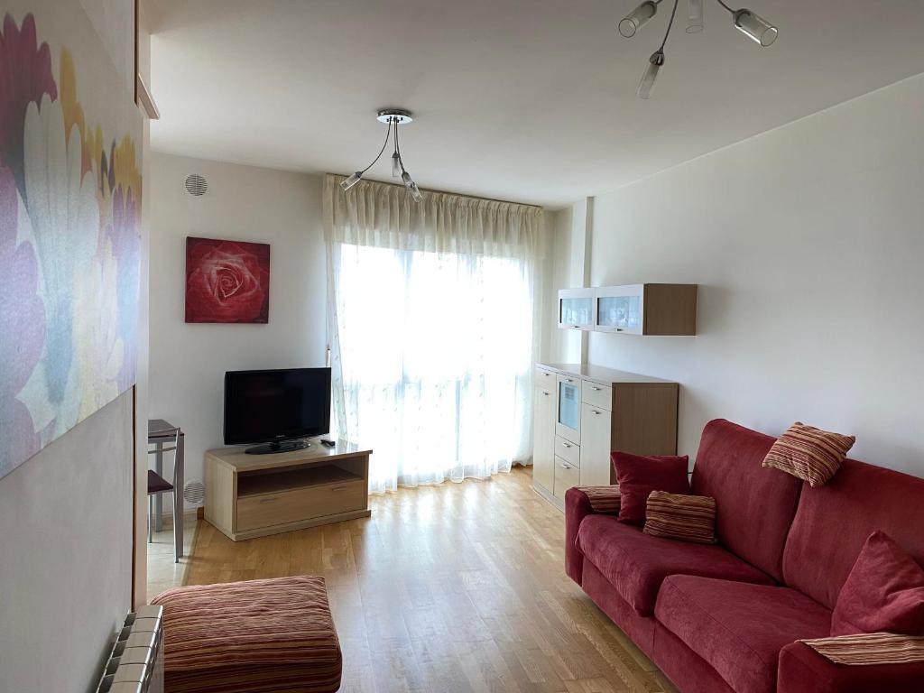 博伊罗Edificio Mora的客厅配有红色沙发和电视