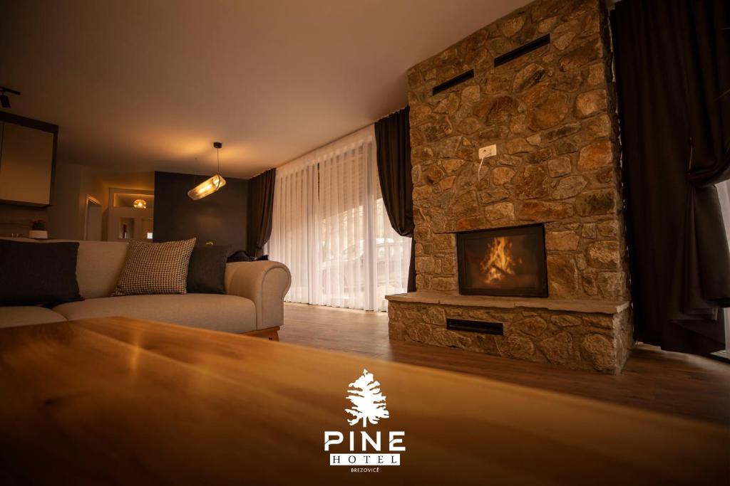 布雷佐维察Pine Villas Brezovice的客厅设有石制壁炉和沙发。