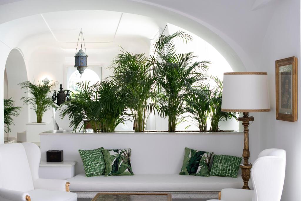阿马尔菲Palazzo Don Salvatore的客厅配有白色沙发和植物