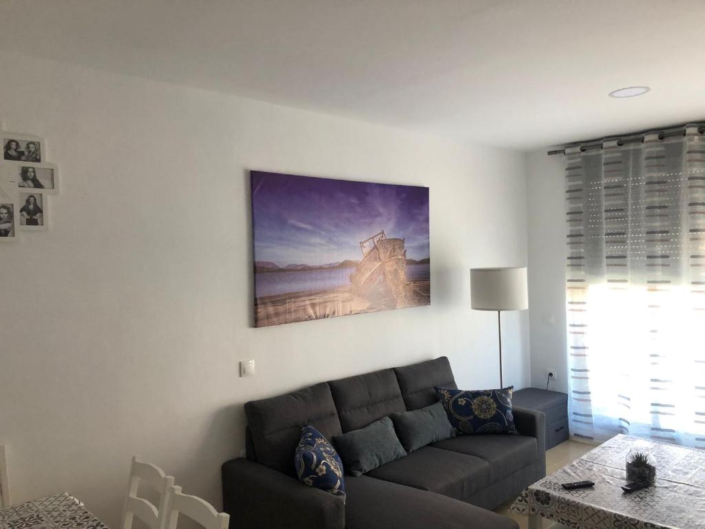 加鲁查Apartamento Paraíso的客厅配有沙发和墙上的绘画