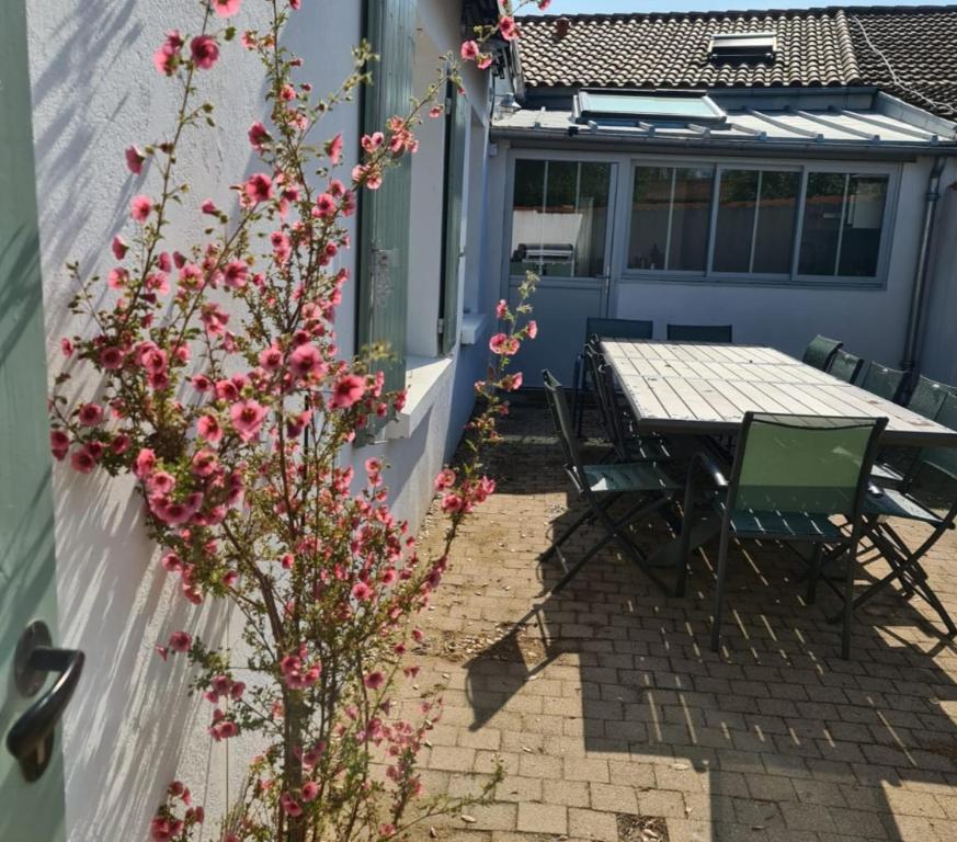 拉罗谢尔Villa Babeth by Nuits au Port的庭院里摆放着一张桌子和椅子,上面摆放着粉红色的鲜花
