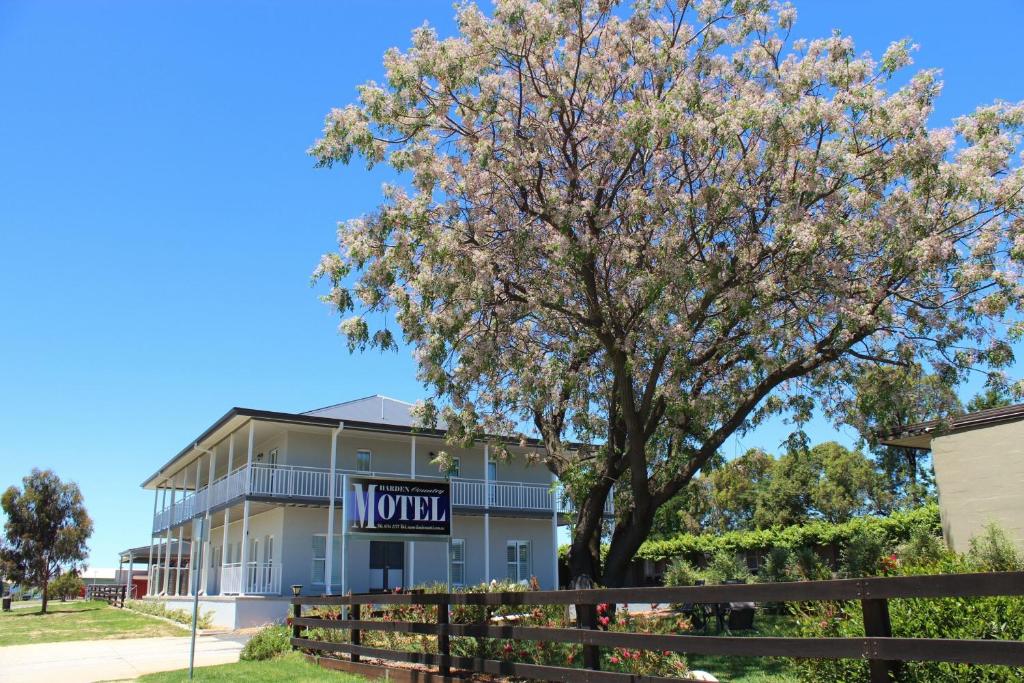 HardenHarden Country Motel的汽车旅馆前的玉兰树