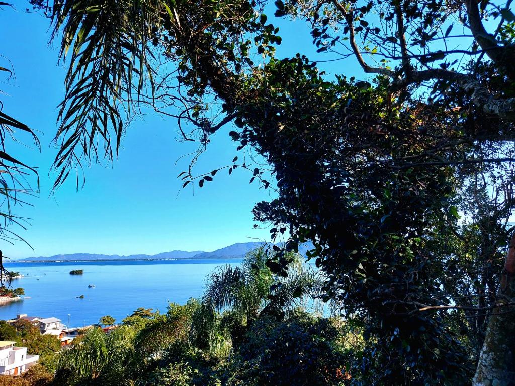 弗洛里亚诺波利斯Chalézinho na montanha com vista para o mar的从树上欣赏到湖景