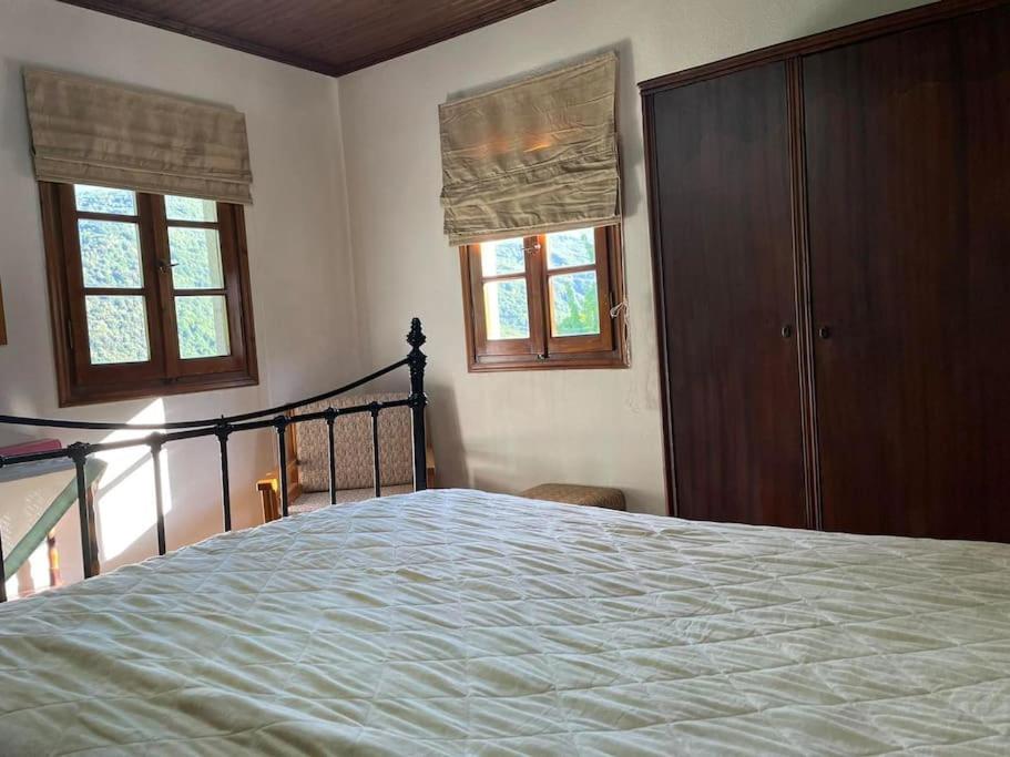 基索斯Mr Apostolos Guesthouse的一间卧室设有一张大床和两个窗户。