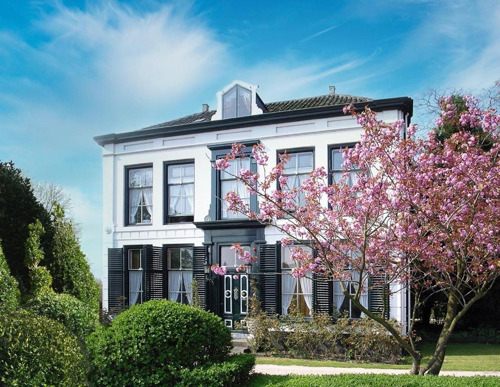雷讷瑟Hotel Pension 't Huys Grol的白色的房子,有黑窗和一棵开花的树