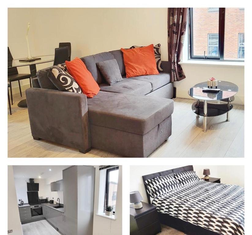 伯明翰City Centre 1 Bed Apartment的一张沙发和一张桌子的客厅的两张照片