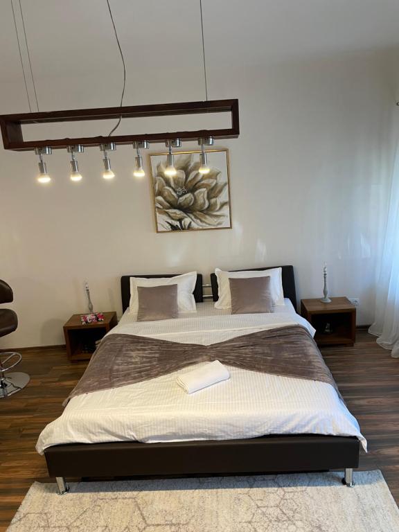 锡比乌Juist的一间卧室设有两张床和一张大床,铺有四柱床。