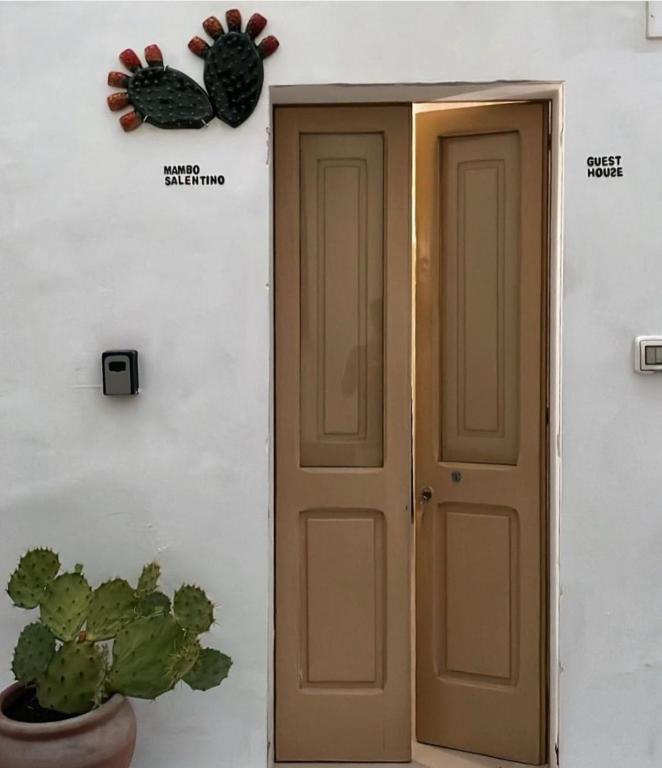 马蒂诺Mambo Salentino Guest House Room 16的墙上的一扇门和一个植物