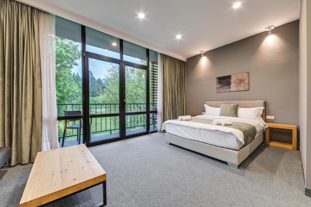 博尔若米Mountain Resort Gantiadi的一间卧室设有一张床和一个大窗户