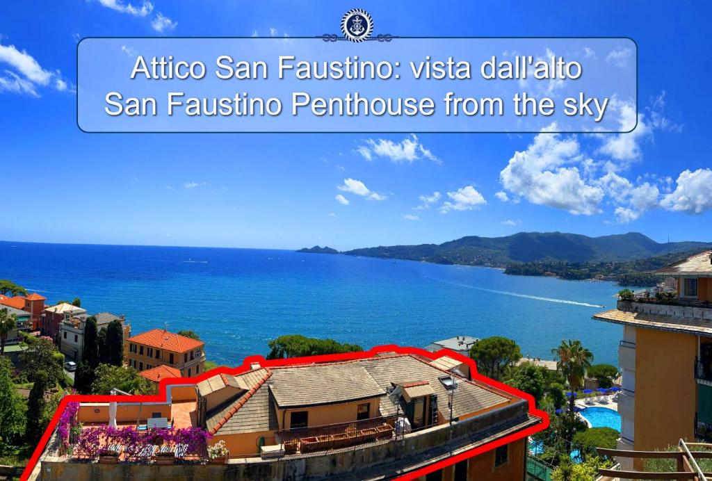 拉帕洛ATTICO SAN FAUSTINO 165 mq più 110 mq di terrazza- IN VILLA 700 ,VISTA MARE STREPITOSA-100 m dalla spiaggia-PARKING ESCLUSIVO-SKY,NETFLIX的海洋景和房屋景图