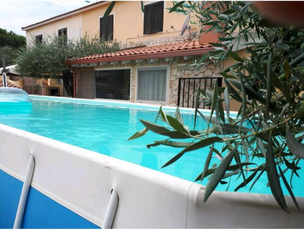 Su LoiVilla degli Ulivi的一座大蓝色游泳池,位于房子前