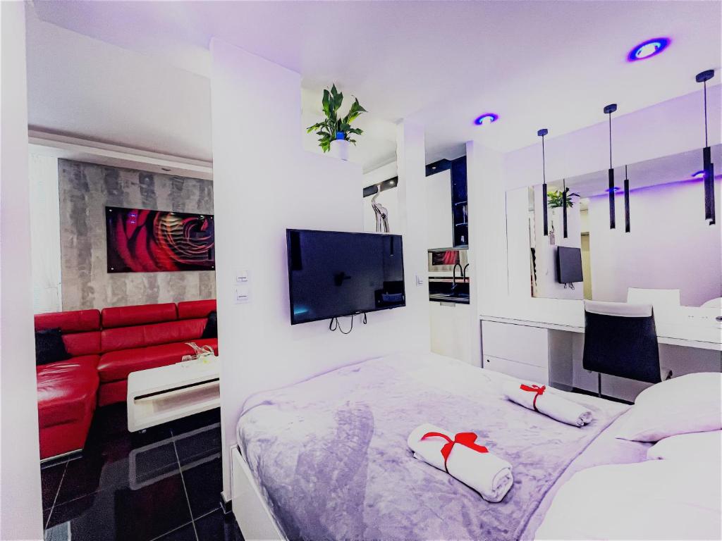耶莱尼亚古拉Apartament Cieplicka的一间卧室配有一张床和一张红色的沙发