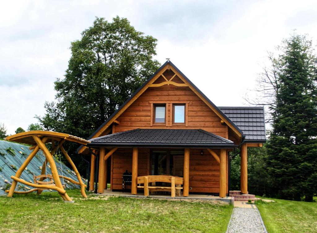 RopienkaBieszczadzkie Dworki的小木屋设有滑梯和游乐场