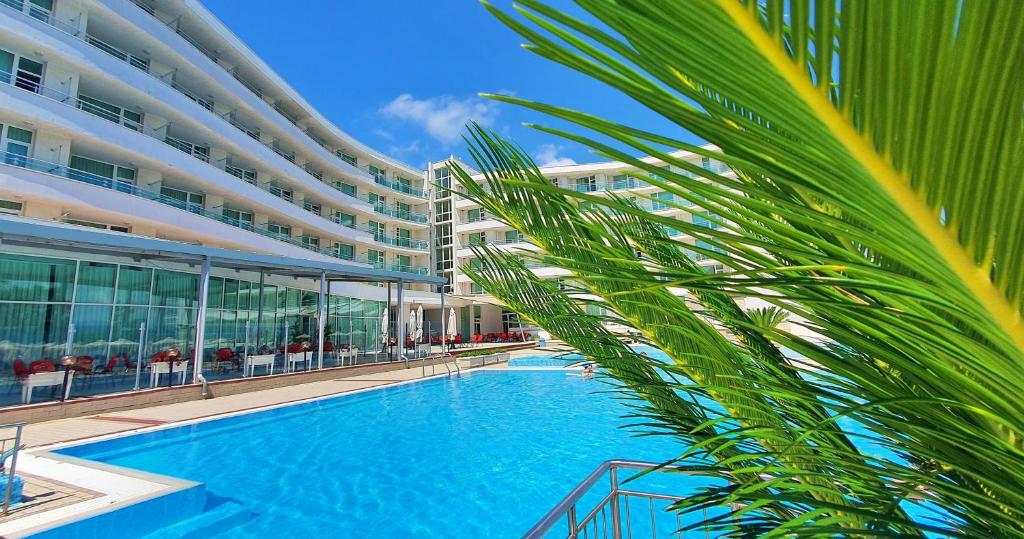 内塞伯尔费斯塔全景酒店的一座带游泳池的建筑前的棕榈树
