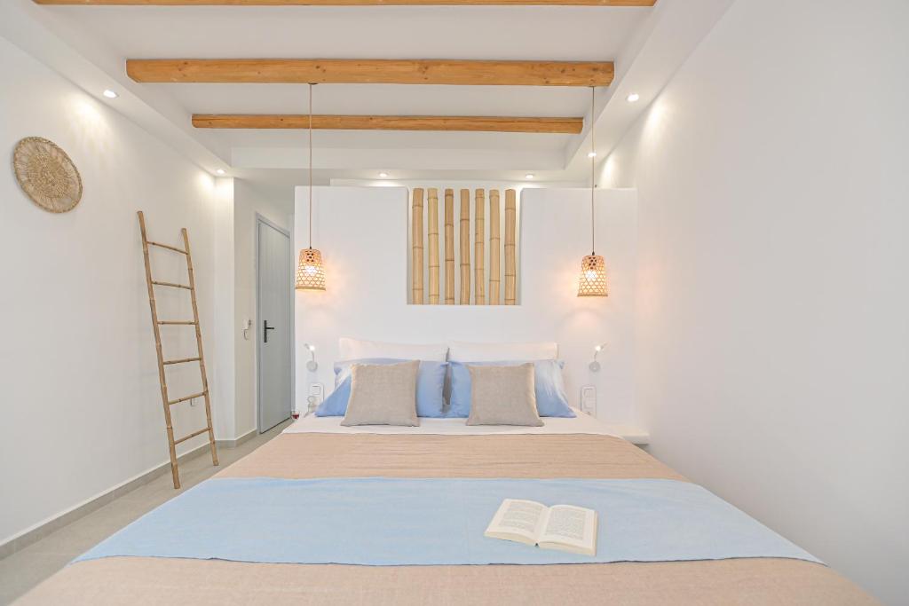 纳克索乔拉Elite Suites Naxos的一间卧室配有一张大床,里面装有两本书