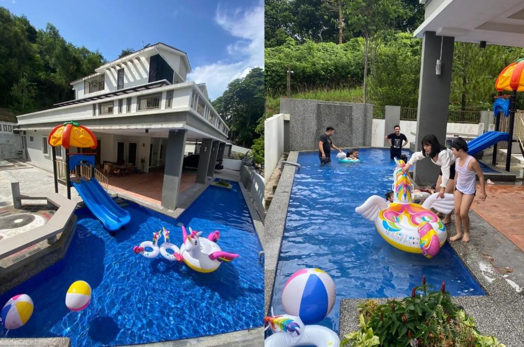 峇六拜20PAX 4BR Villa with Kids Swimming Pool, KTV, Pool Table n BBQ near SPICE Arena Penang的一群人在充气池里玩耍