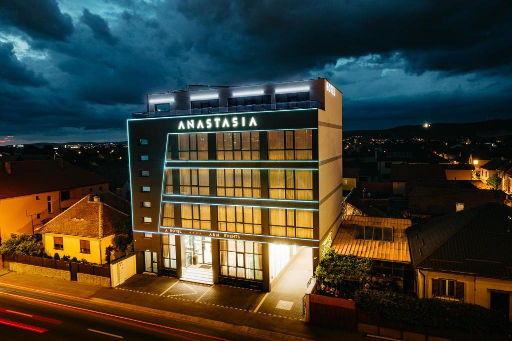 锡比乌Hotel Anastasia的建筑的一侧有aaniaania标志