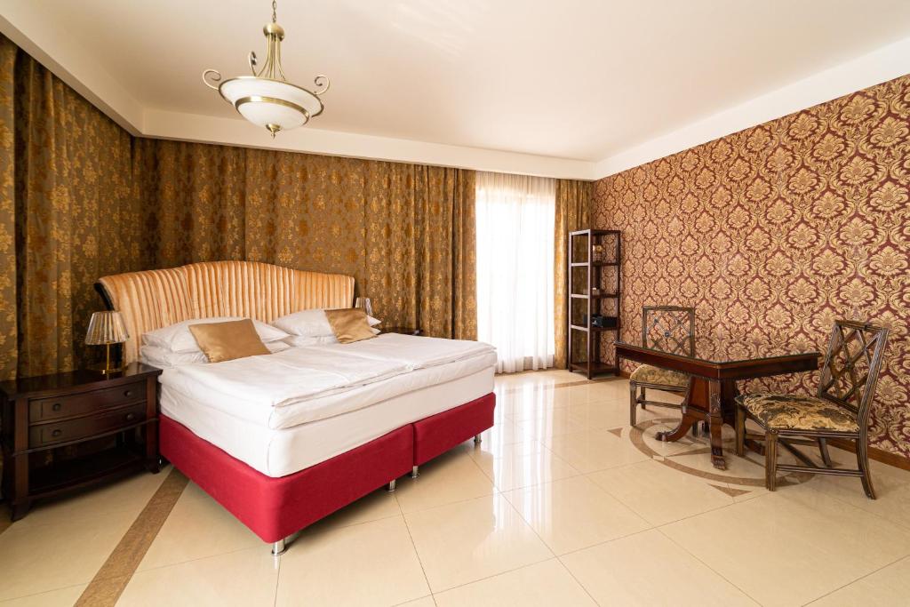 捷克布杰约维采维塔Spa酒店的一间卧室配有一张床、一张桌子和一张书桌