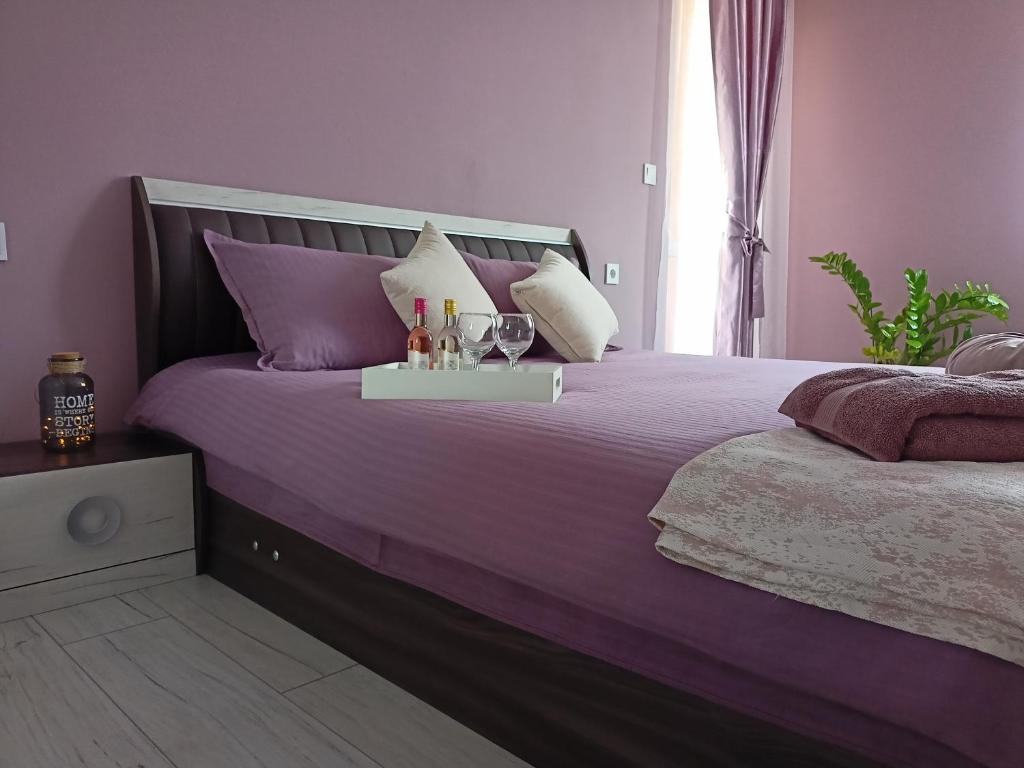 鲁塞Стоянови的紫色的床,带酒杯的托盘