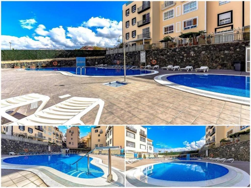 卡亚俄萨尔瓦赫Chilly Apartment - Sunny rooftop terrace with ocean view的游泳池两张照片的拼合