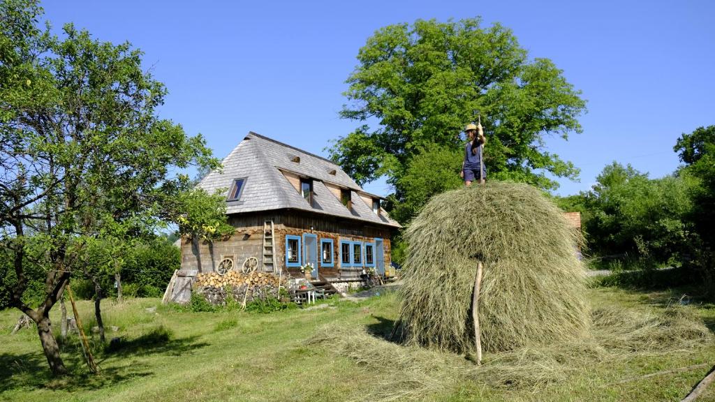 BrebBig family Apartment in Breb's Cosy Barn的站在房子前面干草堆上的人