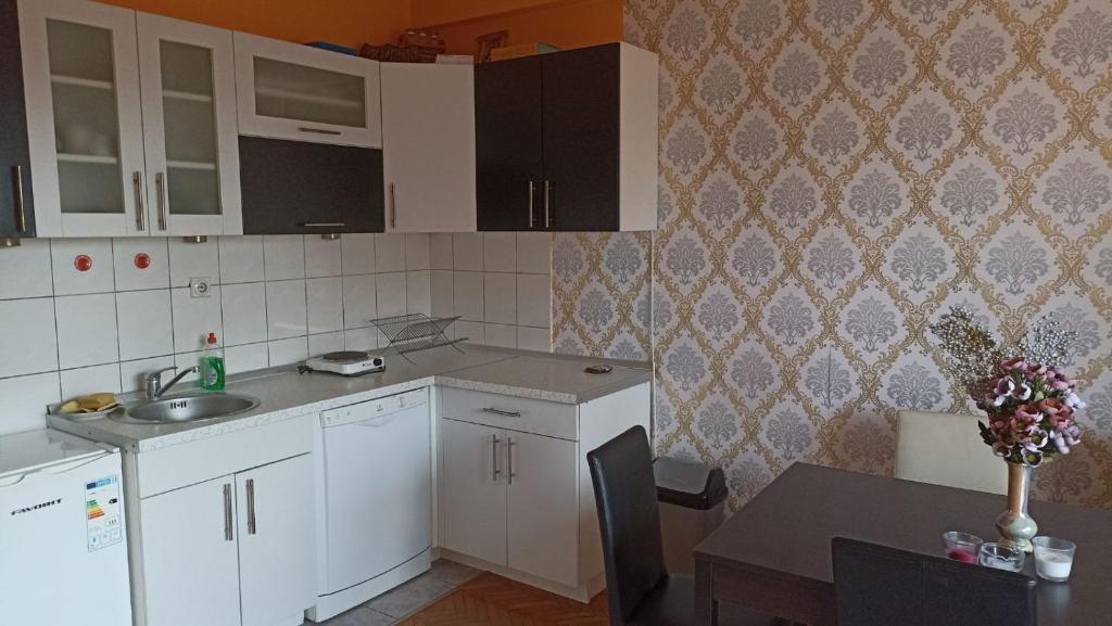 比耶利纳Dado RB的厨房配有白色橱柜、水槽和桌子