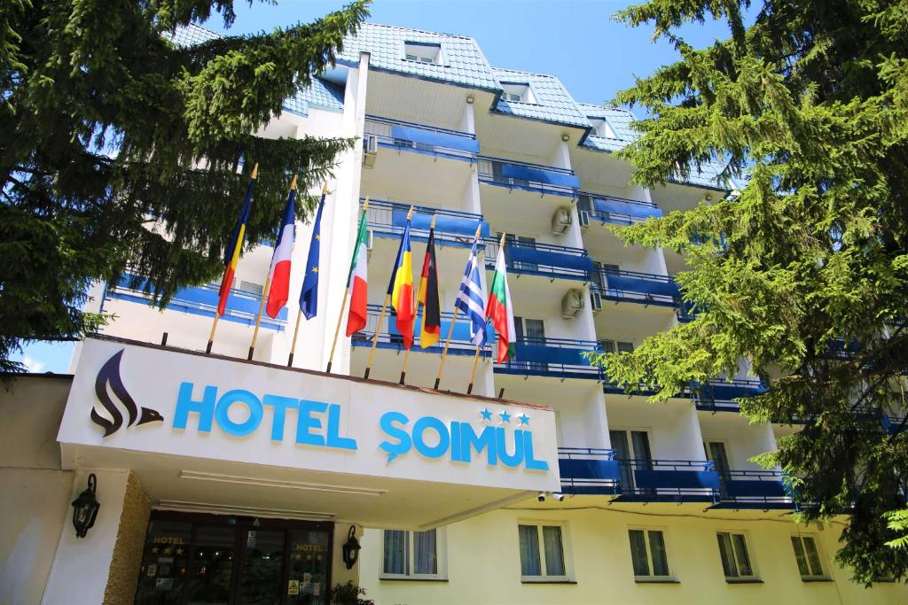 波亚纳布拉索夫Hotel Soimul的前面有旗帜的酒店