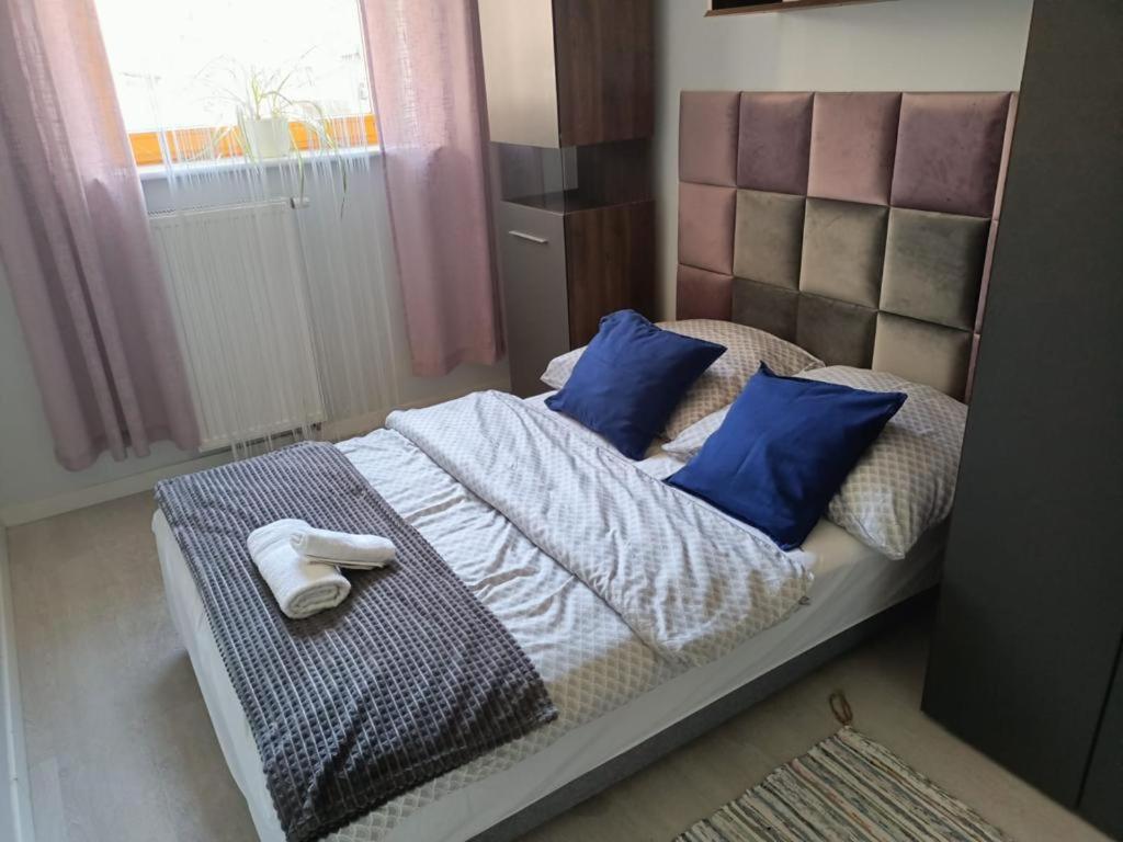 什切青Apartament Polonia的一张带蓝色枕头的床和毛巾