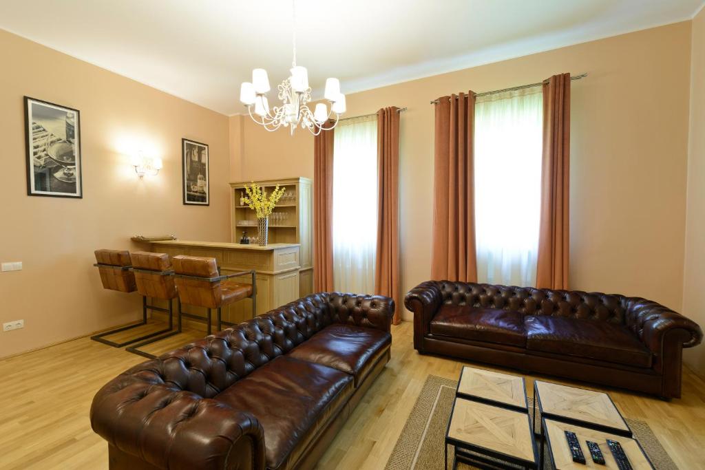特尔古穆列什Pensiunea Elphin的客厅配有两张真皮沙发和一张桌子