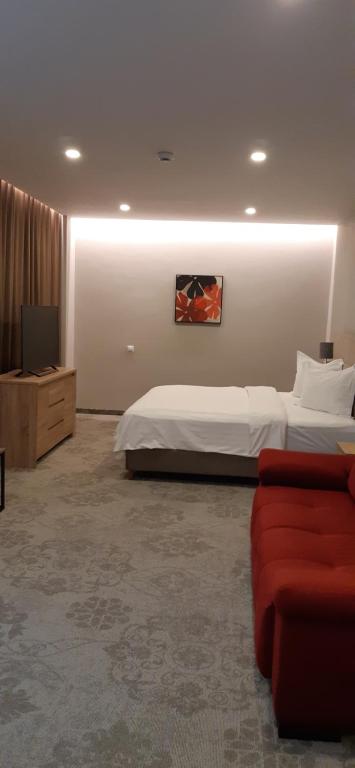 索瓦塔Pensiunea Tempo Sovata的酒店客房,设有两张床和一张沙发