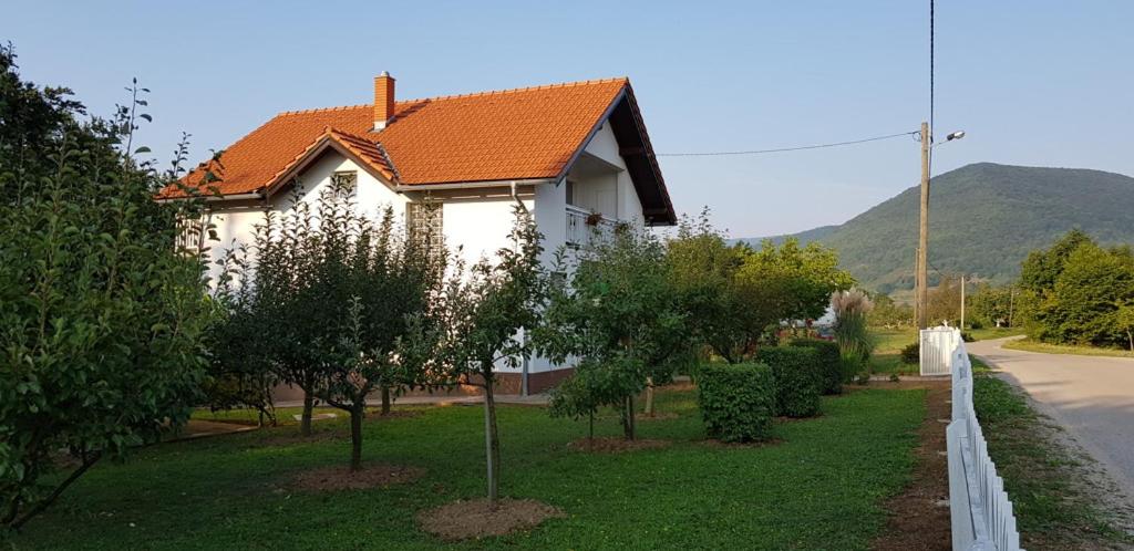 斯莫利亚纳茨PLITVICE OAZA MIRA的一座拥有橙色屋顶和一些树木的房子