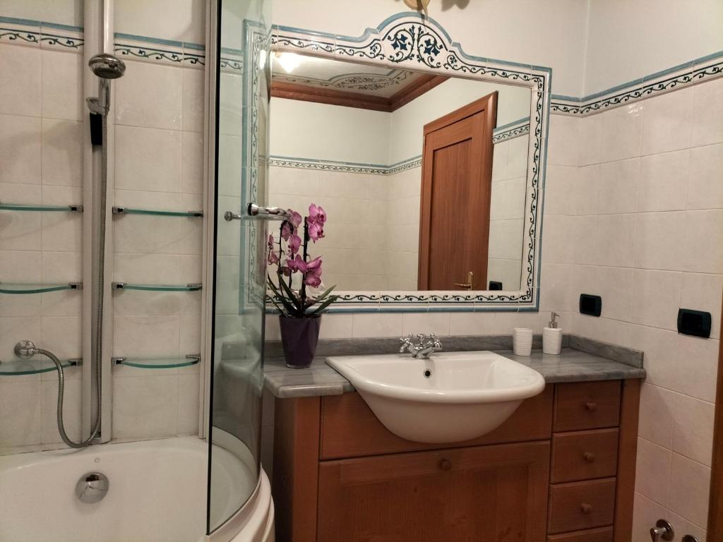 安达洛Il nido incantato的一间带水槽、淋浴和镜子的浴室