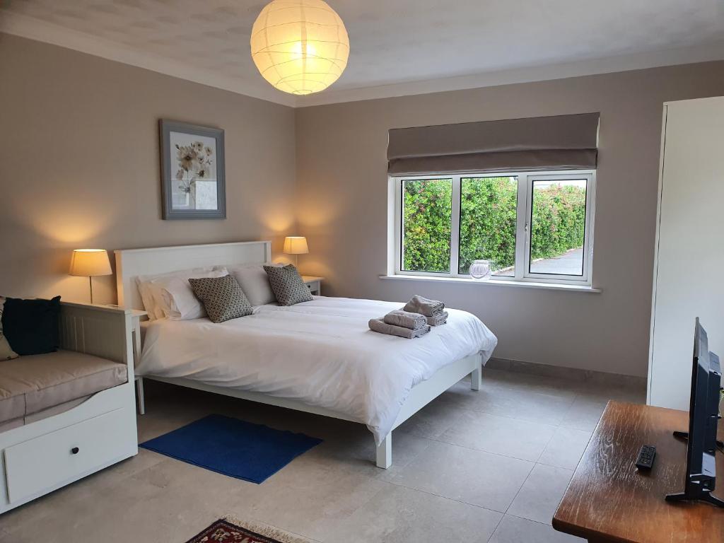 韦斯特波特Five Ferns House的一间卧室配有一张床、一张沙发和一个窗口