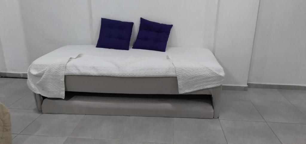 维拉维尔哈KITNET COM GARAGEM BARRA DO JUCU的白色客房内的一张带蓝色枕头的床