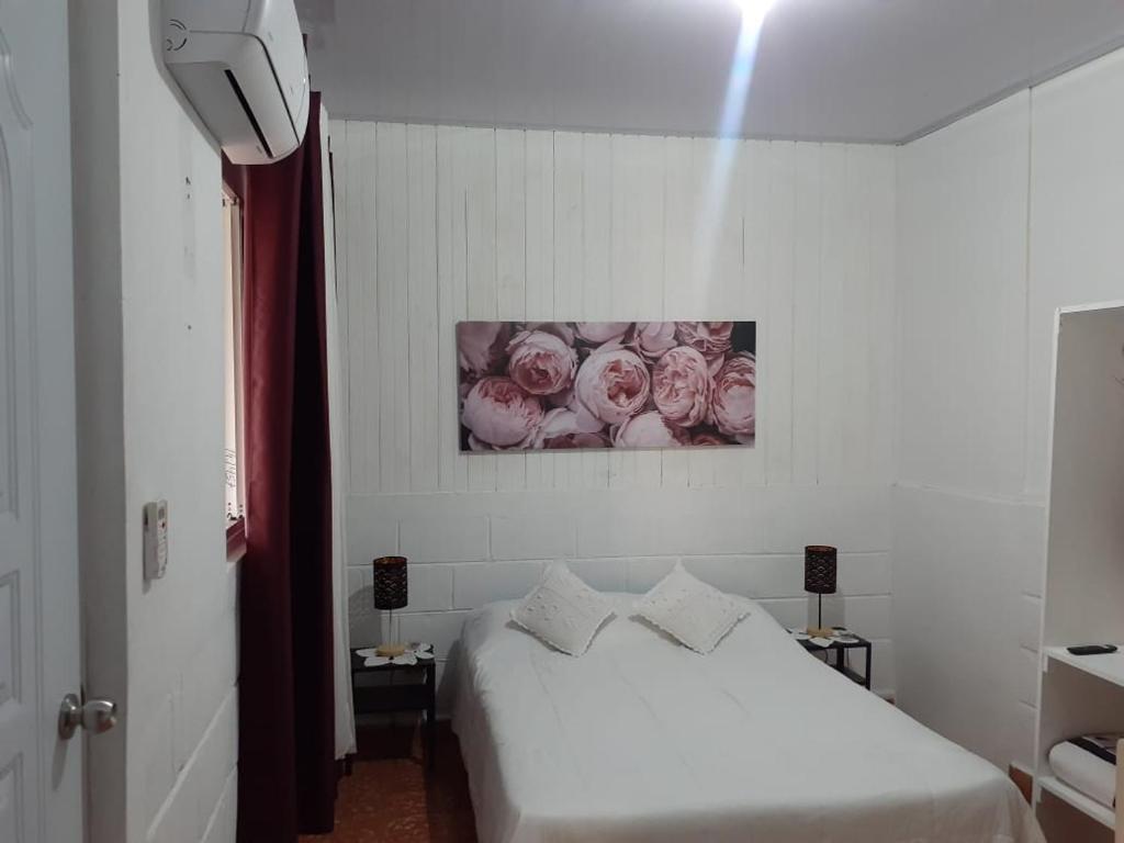 哈拉瓦科阿Apartamento Hogareño的卧室配有白色床,墙上挂着粉红色玫瑰