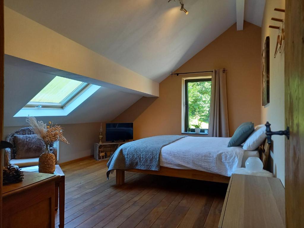 斯图蒙Le Clos du Cerf - Silence & nature的一间卧室配有一张床和天窗