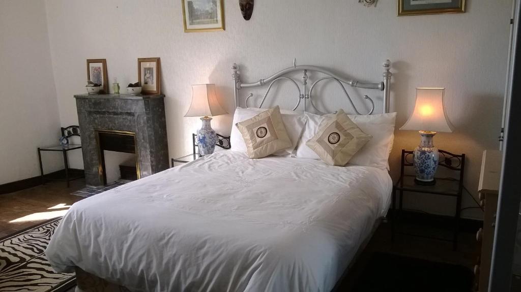 Saint-Pierre-de-FursacLa Châtaigne Dorée的卧室配有带两盏灯的白色床和壁炉。