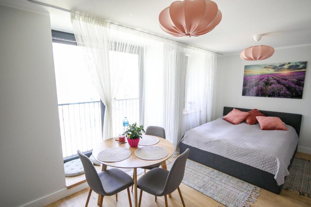 ĶesterciemsSeaside apartment Albatross, spa and pool的卧室配有一张床和一张桌子及椅子