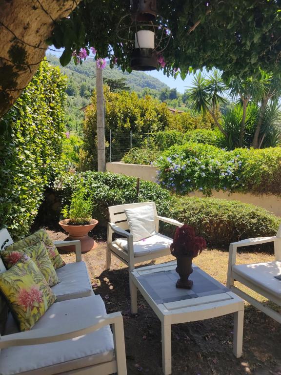 彼得拉桑塔La Bouganville e Il Gelsomino的院子里的一组椅子和一张桌子