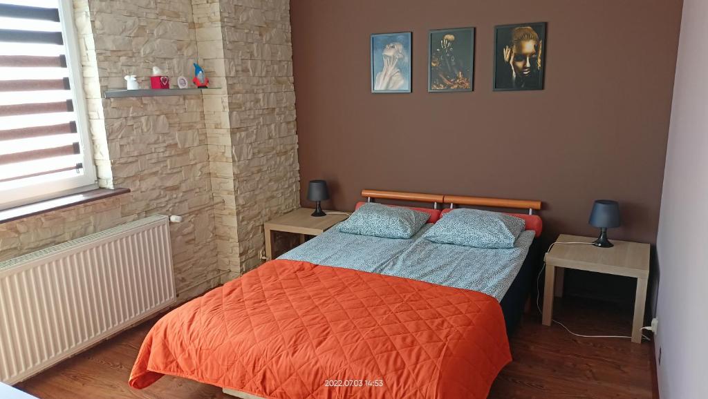 斯图托沃Pokoje Gościnne JAK W DOMU Hanna Kucharska的一间卧室配有一张带橙色毯子和蓝色枕头的床
