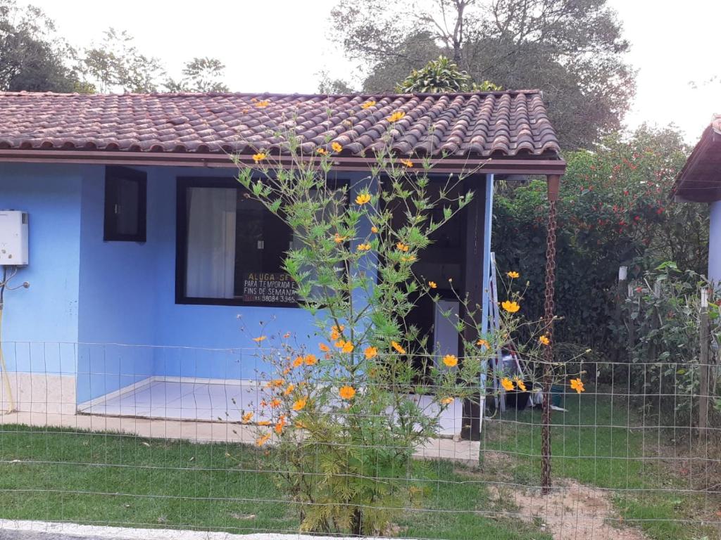 圣佩德罗塞拉Casa Vênus的院子里一朵花的蓝色房子