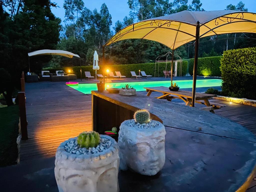 吉马良斯Villas do Monte的庭院设有两个大型石头种植园和一把遮阳伞