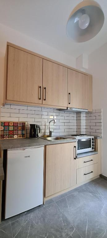 RizáCamping Corali & Apartments的厨房配有木制橱柜、水槽和微波炉